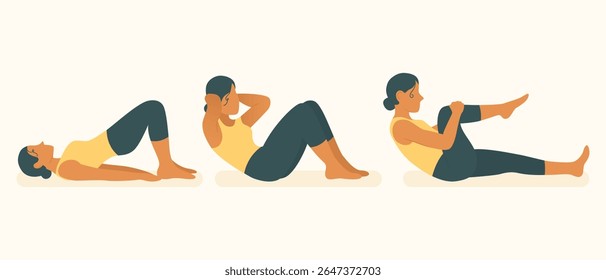 Ícone de treino de fitness. Mulher fazendo ponte glute, trinca, e joelho-a-peito no tapete. Fortalecimento do núcleo, abs, costas e quadris para treinamento em casa ou ginásio.