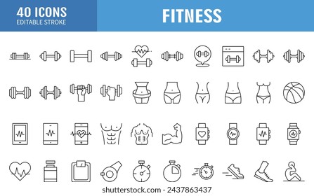 Fitness and Workout Line Icons. Editable Stroke. Pixel Perfect. For Mobile and Web. Contains such icons as Bodybuilding, Heartbeat, Swimming, Cycling, Running, Diet.