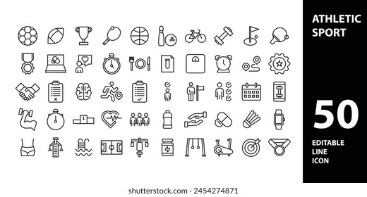 Fitness and Workout Line Icons. Editable Stroke. Pixel Perfect. For Mobile and Web. Contains such icons as Bodybuilding, Heartbeat, Swimming, Cycling, Running, Diet.