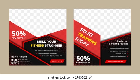 Publicación de entrenamiento de fitness con plantilla de medios sociales de fondo rojo y negro para promocionar tu marca y publicitar en diferentes canales. Mostrar venta, ofertas y descuentos con este diseño. espacio para la foto