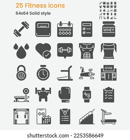Fitness and workout solid style icons set