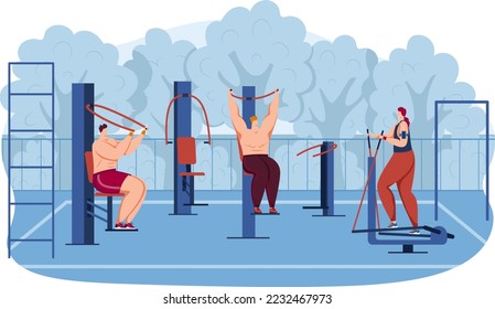 Fitness workout at sport ground, person training outdoor with gym equipment, vector illustration. Doing exercise for healthy strong athletic body.