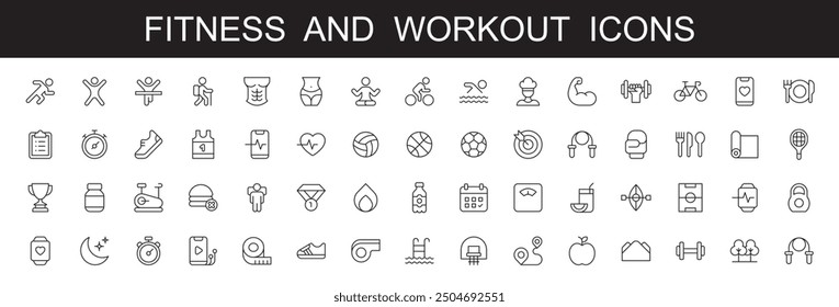 Fitness and Workout and sport line icons set . vector illustration . white background . editable stroke . football, gym, diet, jogging, weight, training, healthy lifestyle, cardio, yoga,