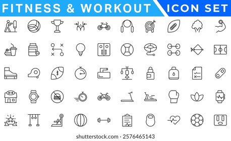 Fitness and Workout and sport line icons set . vector illustration . white background . editable stroke . football, gym, diet, jogging, weight, training, healthy lifestyle,