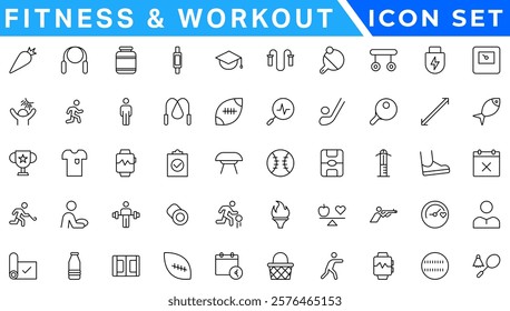 Fitness and Workout and sport line icons set . vector illustration . white background . editable stroke . football, gym, diet, jogging, weight, training, healthy lifestyle,
