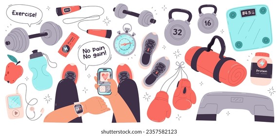 Fitness workout sports equipment training accessories for male. Isolated set of mat, mobile tracker, kettlebell, dumbbells, skipping rope, boxing gloves, shoes, supplement vector illustration