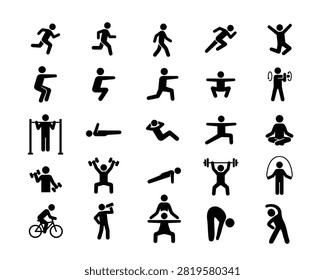 Fitness workout stick man vector pictogram black silhouette glyph icon set