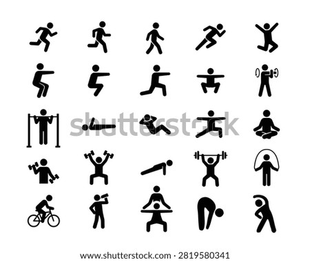 Fitness workout stick man vector pictogram black silhouette glyph icon set