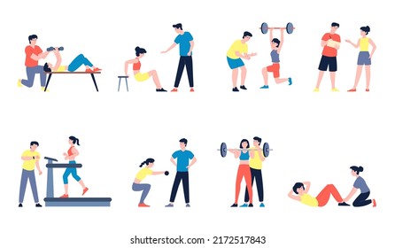 Fitness workout with trainer. Physical exercises with coach, young fit athlete stretching. Gym athletic scenes, healthy sport training recent vector characters