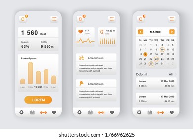 Fitness workout unique design kit. Fitness activity app with calendar planner, heart rate monitor and online analytics. Sport UI, UX template set. GUI for responsive mobile application.