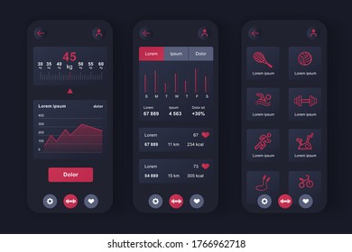 Kit de diseño único para entrenamiento físico para aplicación. Elección del programa de fitness, control de salud y nivel de actividad actual. Interfaz de usuario de planificador deportivo, conjunto de plantillas UX. GUI para aplicaciones móviles receptivas.