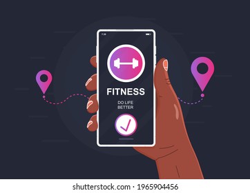 Fitness workout unique design mobile app. Hand holding smart phone with sport application. Vector illustration.