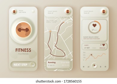 Fitness workout unique neumorphic design kit for mobile app neumorphism style. Fitness tracker screens with running route planner. Sport UI, UX template set. GUI for responsive mobile application.