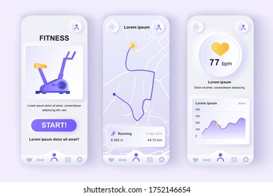 Fitness-Training einzigartiges pneumorphisches Design-Kit für mobile App. Fitness-Tracker-Screens mit Laufstreckenplaner und Herzfrequenzmonitor. Sport UI, UX Template Set. GUI für mobile Anwendungen