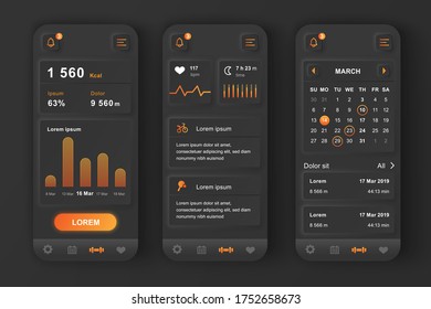 Fitness workout unique neumorphic design kit. Fitness tracker app with sport activity planner, heart rate monitor and online analytics. Sport UI, UX template set. GUI for responsive mobile application