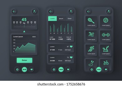 Kit de diseño neumórfico único para entrenamiento de fitness. Aplicación de programa de fitness personal con objetivos de fitness y nivel de actividad actual. Interfaz de usuario de planificador deportivo, conjunto de plantillas UX. GUI para aplicaciones móviles receptivas.