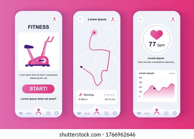 Fitness-Training einzigartiges rosa Design-Kit für mobile App. Fitness-Tracker mit Laufplaner und Herzfrequenzmonitor. Sport UI, UX Template Set. GUI für mobile Anwendungen.