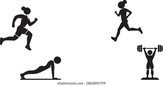 Fitness and workout vector icon set featuring female athletes running lifting weights and doing pushups