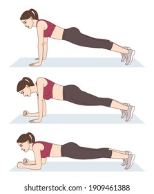 Fitness y entrenamiento. Una mujer hace ejercicios deportivos. Placas arriba y abajo. Entrenamiento para los abs. Aptitud para la pérdida de peso.		