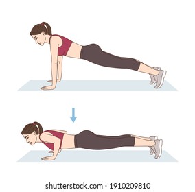 Fitness and Workout. A woman is doing sports exercises. Push-ups. Workout for arms and pectoral muscles. Fitness for weight loss.	