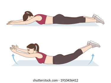Fitness and Workout. A woman is doing sports exercises. Superman stretch. Workout for back and abs. Fitness for weight loss.