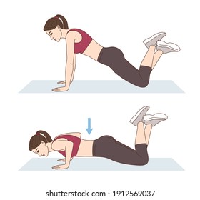 Fitness and Workout. A woman is doing sports exercises. Knee push-ups. Workout for arms and pectoral muscles. Fitness for weight loss.	