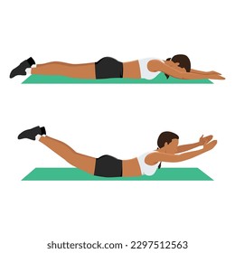 Fitness and Workout. A woman is doing sports exercises. Superman stretch. Workout for back and abs. Fitness for weight loss. Flat vector illustration isolated on white background