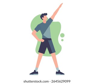 Treino de fitness, ioga e pilates posam. Vetor plano do homem que se exercita com o braço levantado. Homem saudável fazendo exercício físico, aquecendo. Ilustração de vetor plano isolada em fundo branco.