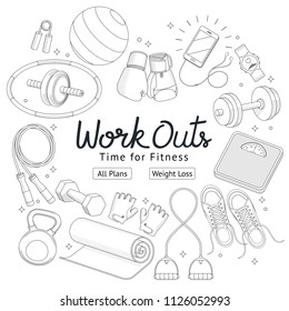 Fitness workouts hand drawn style. Vector illustrations.