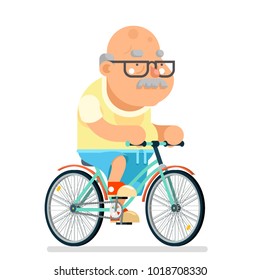 Fitness ycling Grandfather Adult Healthy Activitie Ride Bicycle Old Age Man Cartoon Character Flat Design Vector illustration