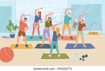 Fitness yoga classes in gym, healthy man and woman standing on mats and doing sport exercises, flat cartoon characters. Vector sportive people training together with instructor or trainer, workout