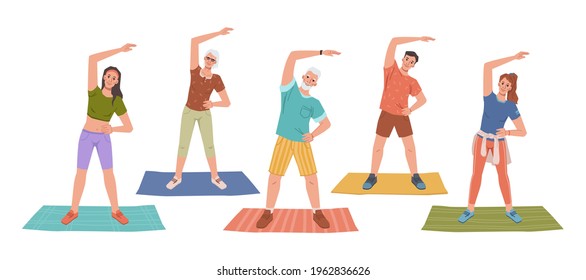 Fitness yoga classes on mats, healthy man and woman stretching hands standing on rugs. Vector people doing sport exercises, flat cartoon characters. Sportsman training together, workout