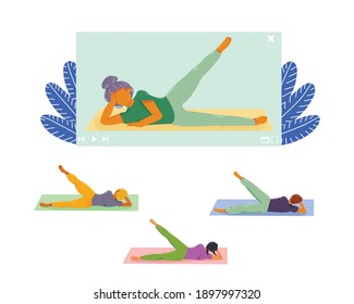 fitness and yoga classes online. playing sports according to video instructions. a group of people doing fitness video tutorial. vector flat. Sports at home at leisure, on weekends or in quarantine