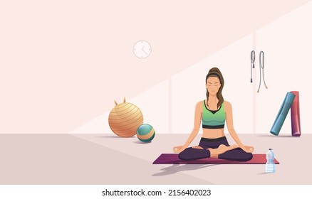 Fitness yoga girl sit sport mat closed eyes meditate, meditating gym. Slim, fit female, meditation. Athletic brunette young woman lotus pose, relaxing. Training, practice, asana. Vector illustration