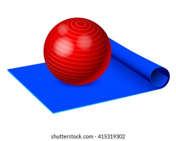 Fitness or yoga mat and red pilates ball isolated on white background