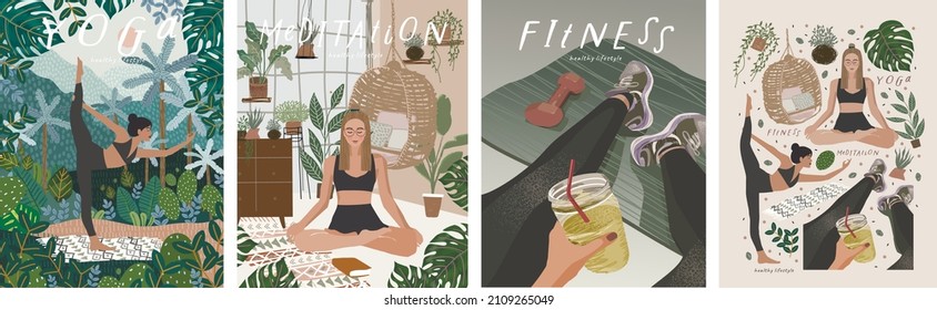 Fitness, yoga and meditation. Vector illustrations of a healthy lifestyle, proper nutrition, people involved in sports in nature, at home and in the studio - Shutterstock ID 2109265049