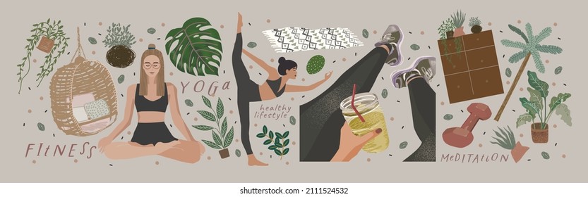 Fitness, yoga and meditation. Vector illustrations of a healthy lifestyle, proper nutrition, people involved in sports in nature, at home and in the studio