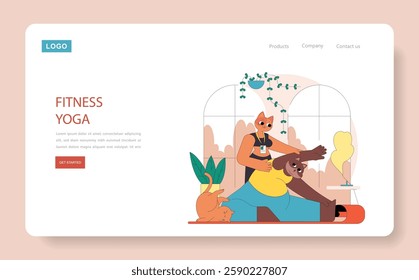 Fitness yoga session showcasing a person practicing yoga alongside their pet. The scene emphasizes wellness, relaxation, and the connection between fitness and companionship in a cozy environment