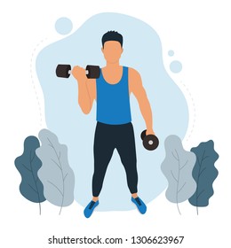 Fitness young man with dumbbells. Modern flat style Athlete stranding workout characters. Individual sports concept. Vector illustration.