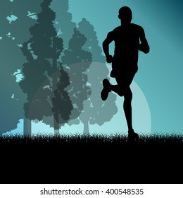 Fitness young man runner running in forest landscape vector illustration background