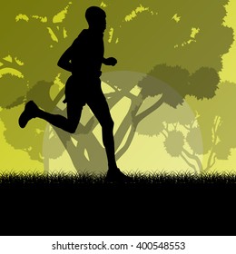 Fitness young man runner running in forest landscape vector illustration background