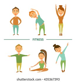 Fitness. Young people doing gymnastic exercises. Cartoon characters.