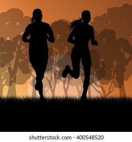 Fitness young woman runner running in forest landscape vector illustration background