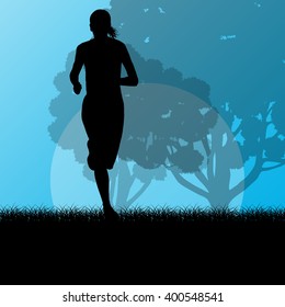 Fitness young woman runner running in forest landscape vector illustration background