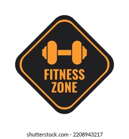 Fitness Zone metal sign with orange icon and lettering on black board isolated on white background, vector illustration in trendy design style. Suitable and perfect for many purposes.