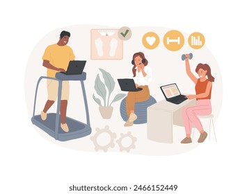 Fitness-focused workspace isolated concept vector illustration. Fitness-focused lifestyle, health-conscious workspace, modern office, gym subscription, employee well-being vector concept.