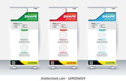 Fitness/Gym roll up  banner design, standee and banner template decoration for exhibition, printing, presentation and brochure flyer concept vector illustration