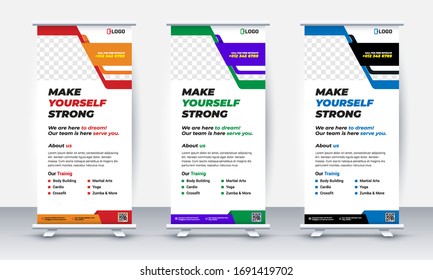 Fitness/Gym roll up banner design, standee and banner template decoration for exhibition, printing, presentation and brochure flyer concept vector illustration