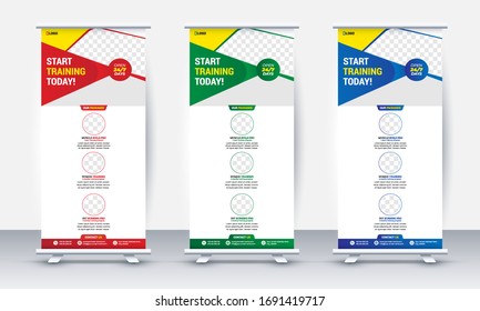 Fitness/Gym roll up banner design, standee and banner template decoration for exhibition, printing, presentation and brochure flyer concept vector illustration