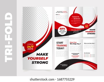 Fitness/gym tri-fold brochure design template, Modern cover brochure flyer design template. Layout with modern photo and abstract background. Creative concept folded flyer or brochure.